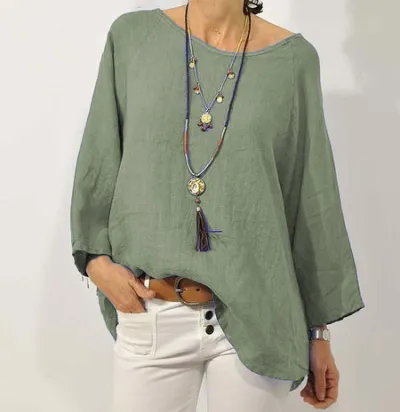 Plus Size Women Casual Solid Color Cotton And Linen Round Neck Raglan Sleeves Blouse