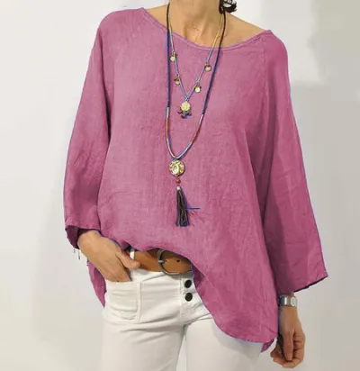 Plus Size Women Casual Solid Color Cotton And Linen Round Neck Raglan Sleeves Blouse