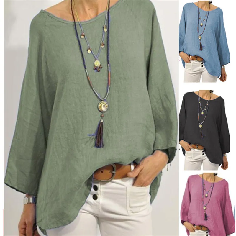 Plus Size Women Casual Solid Color Cotton And Linen Round Neck Raglan Sleeves Blouse