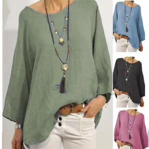 Plus Size Women Casual Solid Color Cotton And Linen Round Neck Raglan Sleeves Blouse