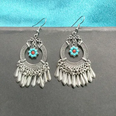 Ethnic Boho Vintage Turquoise Geometric Metal Earrings for Women
