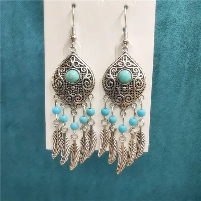 Ethnic Boho Vintage Turquoise Geometric Metal Earrings for Women