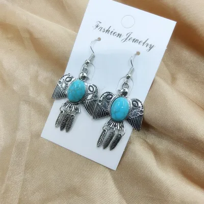 Ethnic Boho Vintage Turquoise Geometric Metal Earrings for Women