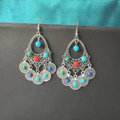 Ethnic Boho Vintage Turquoise Geometric Metal Earrings for Women