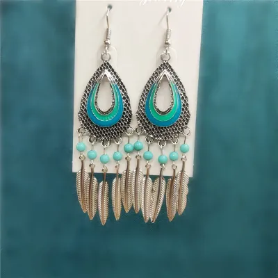 Ethnic Boho Vintage Turquoise Geometric Metal Earrings for Women