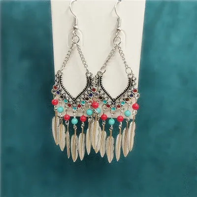 Ethnic Boho Vintage Turquoise Geometric Metal Earrings for Women