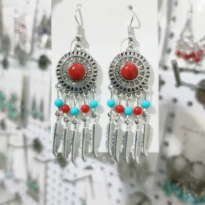 Ethnic Boho Vintage Turquoise Geometric Metal Earrings for Women
