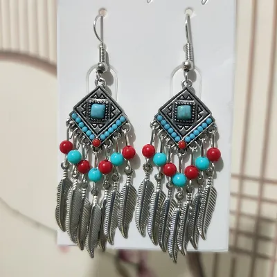 Ethnic Boho Vintage Turquoise Geometric Metal Earrings for Women