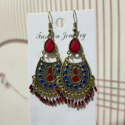 Ethnic Boho Vintage Turquoise Geometric Metal Earrings for Women