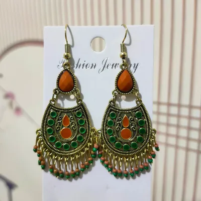 Ethnic Boho Vintage Turquoise Geometric Metal Earrings for Women