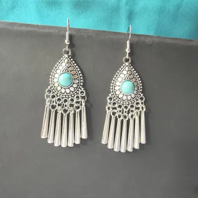 Ethnic Boho Vintage Turquoise Geometric Metal Earrings for Women