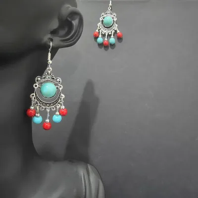 Ethnic Boho Vintage Turquoise Geometric Metal Earrings for Women
