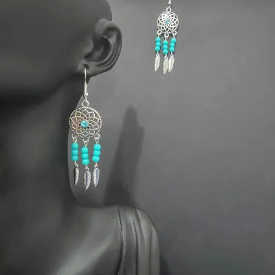 Ethnic Boho Vintage Turquoise Geometric Metal Earrings for Women