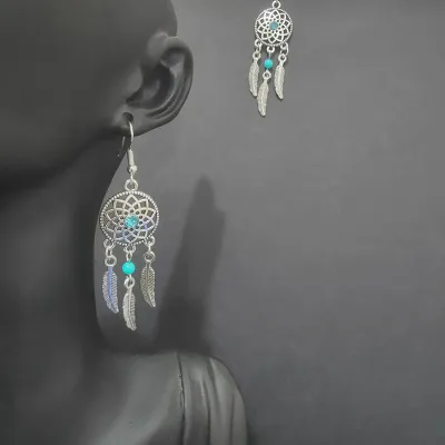 Ethnic Boho Vintage Turquoise Geometric Metal Earrings for Women