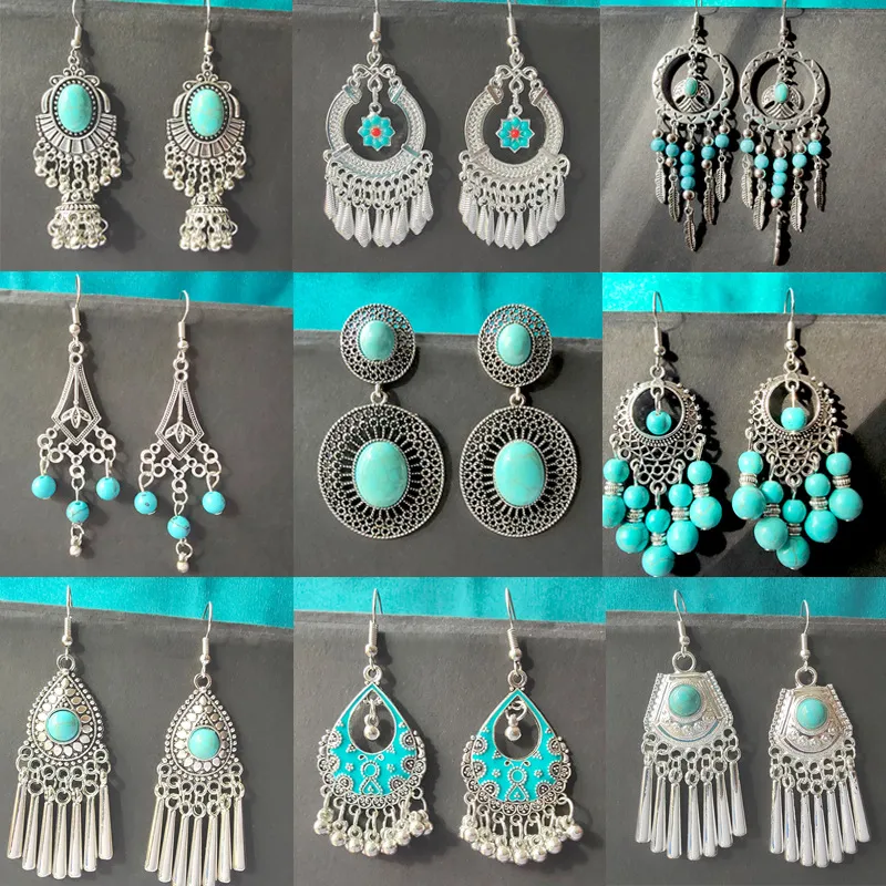 Ethnic Boho Vintage Turquoise Geometric Metal Earrings for Women