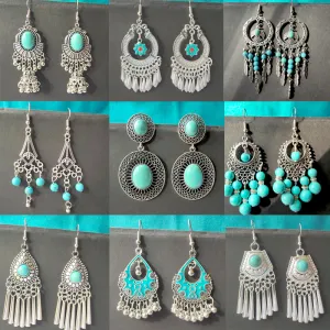 Ethnic Boho Vintage Turquoise Geometric Metal Earrings for Women