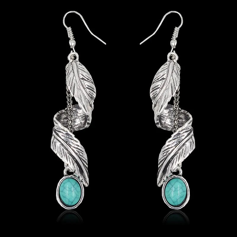 Boho Women Vintage Turquoise Leaf Drop Earrings Alloy