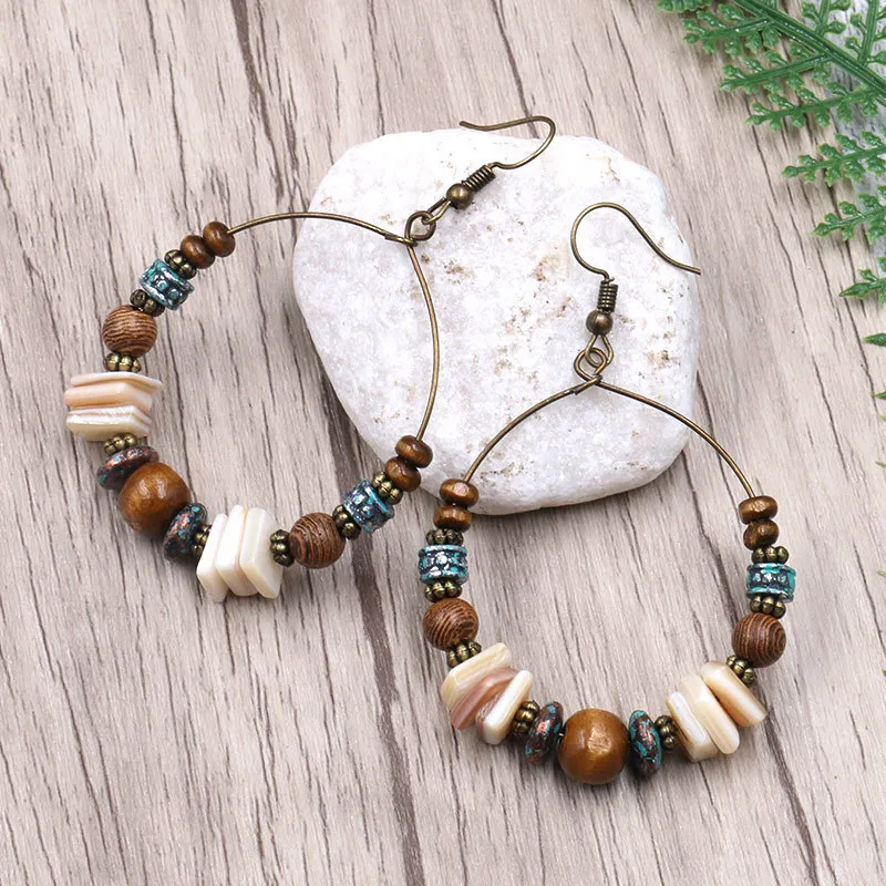Women Boho Handmade Beaded Shell Hoop Earrings Geometric Bohemian Retro Jewelry