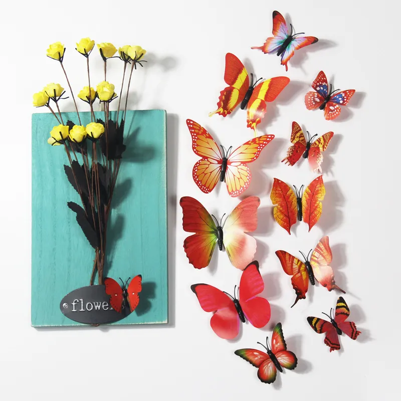 3D Simulation Butterfly Wall Stickers Double-Sided Adhesive Multicolor Solid Color For Living Room 12pcs/set