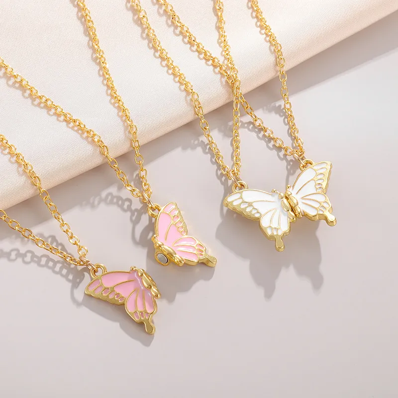 Alloy Enameled Multicolor Friendship Style Simple Butterfly Magnetic Pendant Necklace
