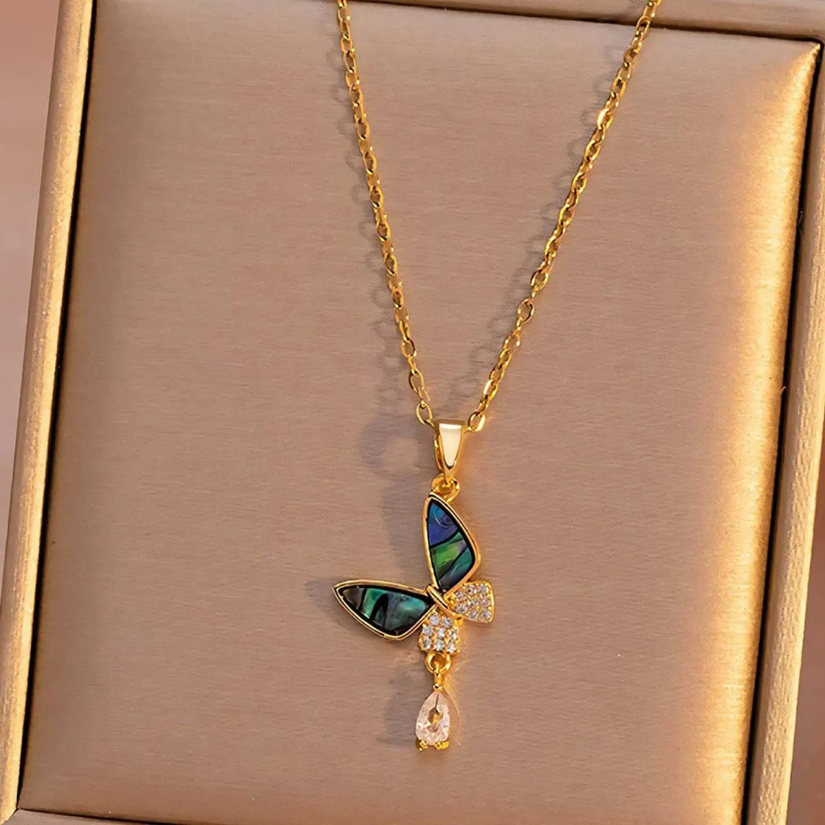 Titanium Steel Butterfly Rhinestone Moon Clavicle Chain Princess Necklace