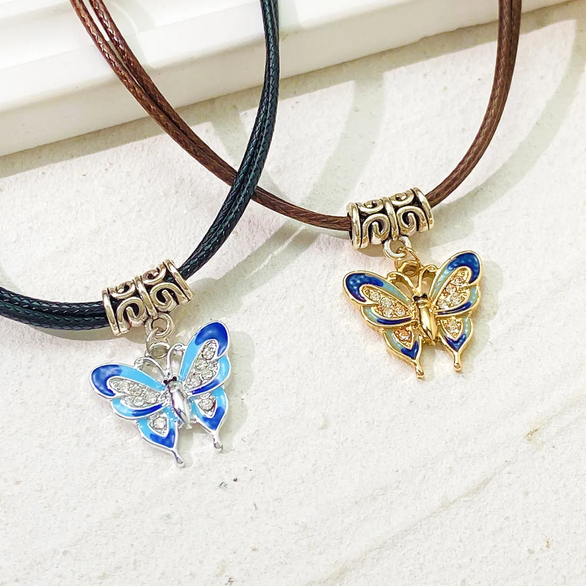 Vintage Leather Rope Butterfly Pendant Women Necklace