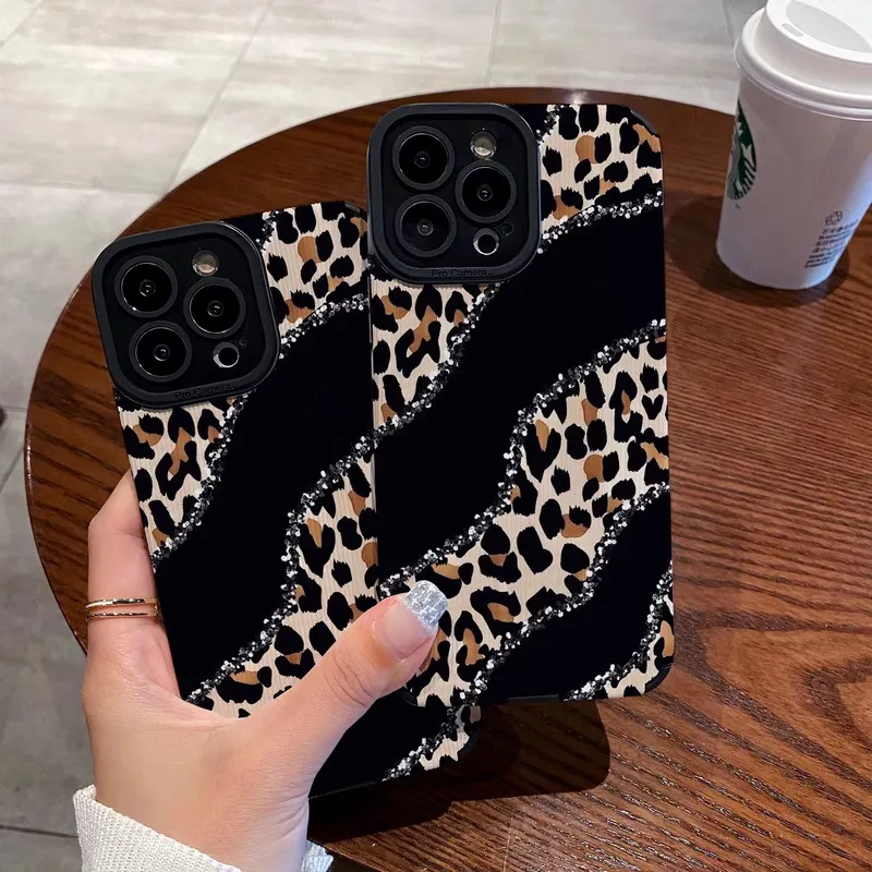 Women Simple Fashion Leopard Imitation Leather Apple Phone Anti-Drop Protective Case