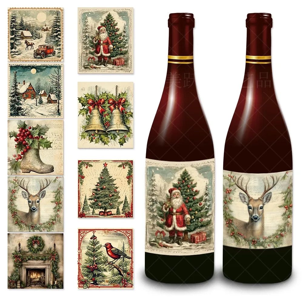 Vintage Christmas Party Wine Bottle Sticker Decor - European Paper