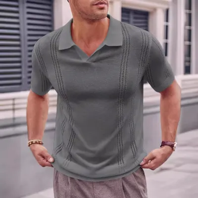 Men Fashion Casual Solid Color Lapel Short Sleeve Knitted Ice Silk POLO Shirt