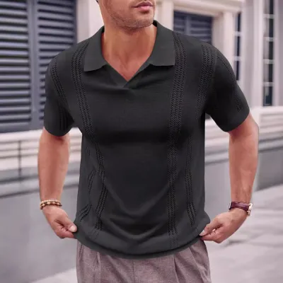 Men Fashion Casual Solid Color Lapel Short Sleeve Knitted Ice Silk POLO Shirt