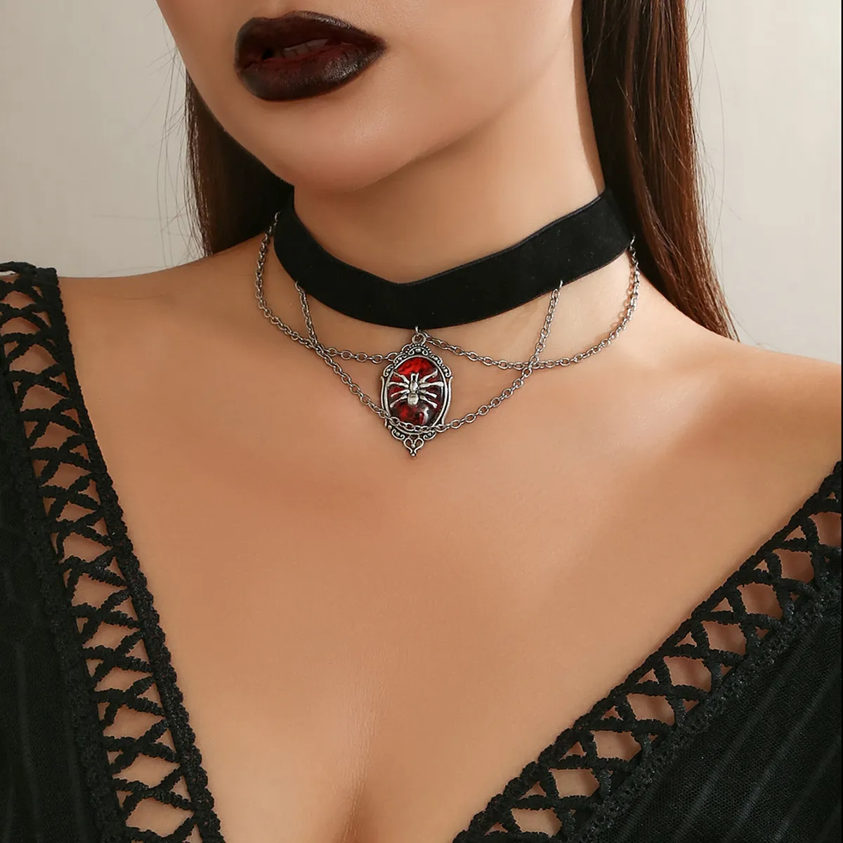 Gothic Dark Flannel Red Spider Collar Necklace
