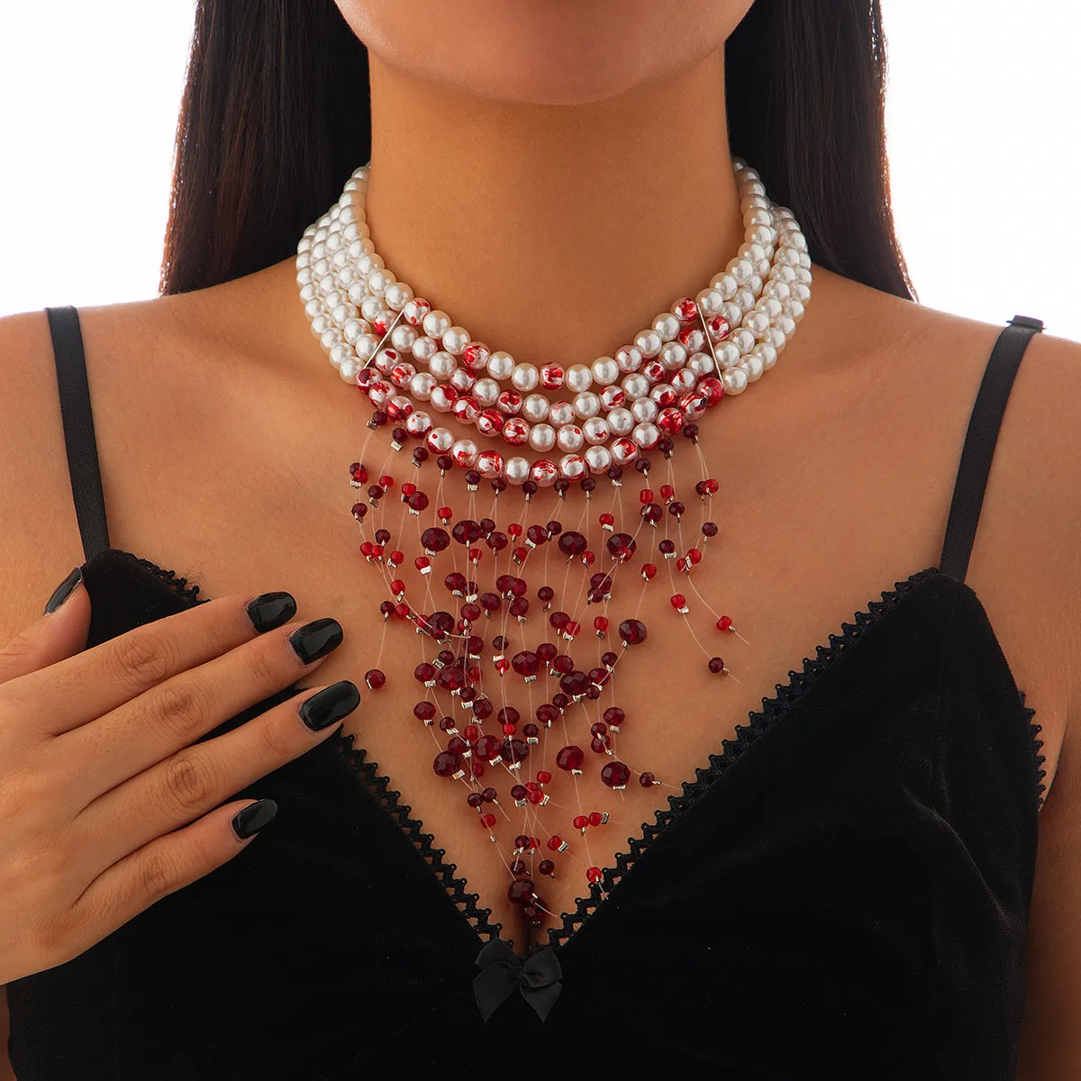 Gothic Imitation Pearl Multi-Layer Tassel Necklace Sweet Cool Wind