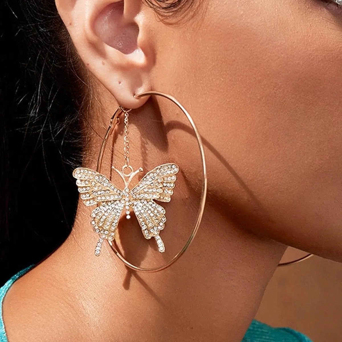 Fashion Rhinestone Butterfly Circle Earrings