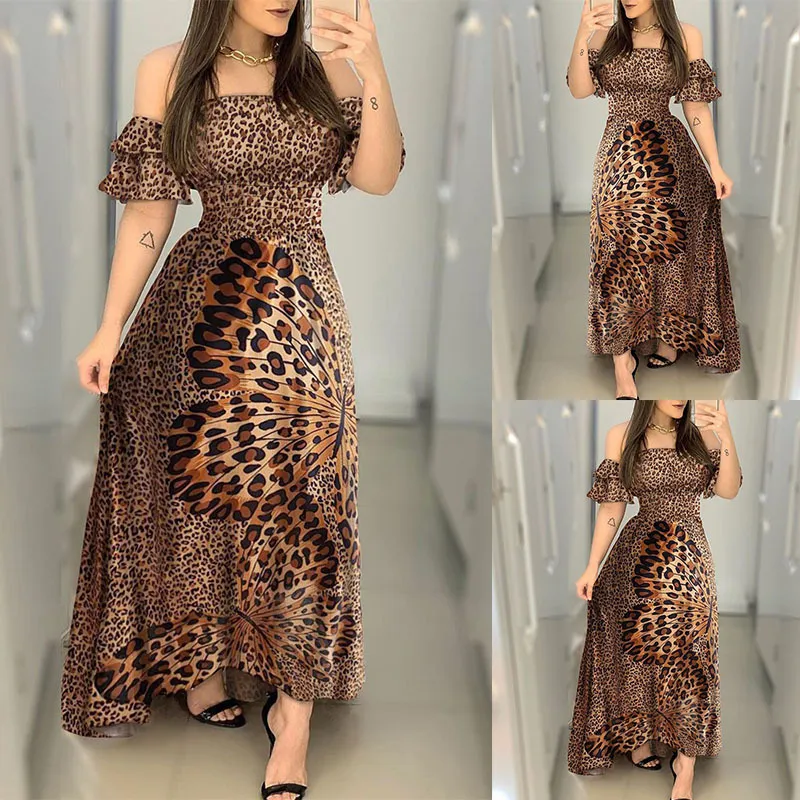 Leopard Butterfly Print Off-Shoulder Maxi Dress