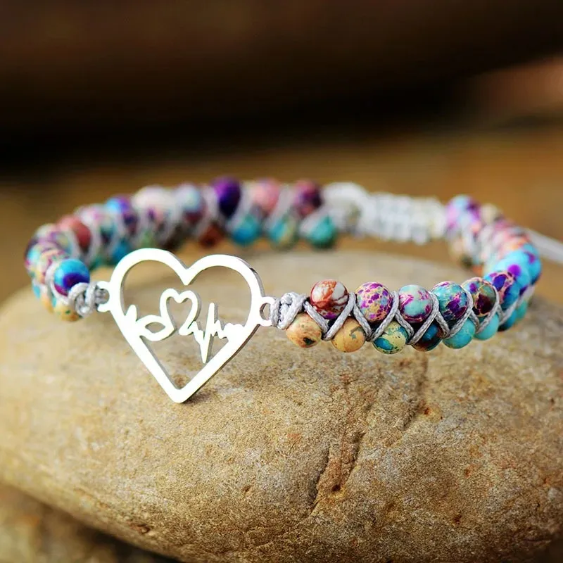 Stainless Steel Heart-Shaped Natural Stone Beaded Unisex Bracelet