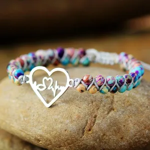Stainless Steel Heart-Shaped Natural Stone Beaded Unisex Bracelet