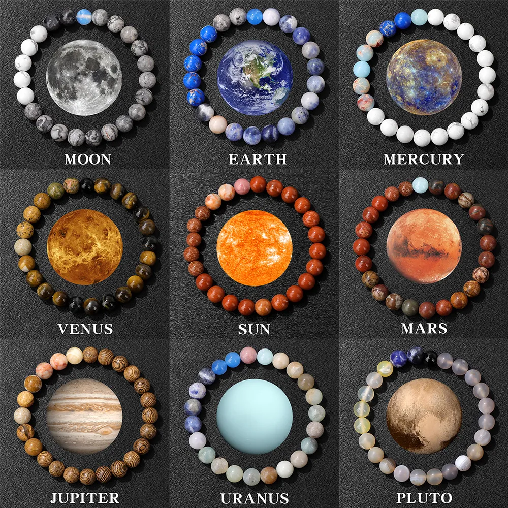 Solar System Eight Planets Natural Stone Beaded Bracelet Unisex Vintage