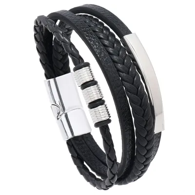 Men Multi-Layer Simple Woven Alloy Magnetic Buckle Leather Bracelet