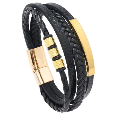 Men Multi-Layer Simple Woven Alloy Magnetic Buckle Leather Bracelet