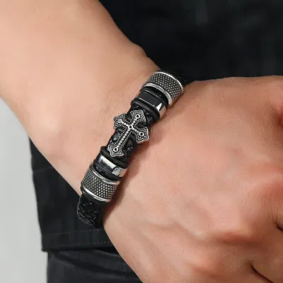 Men Personalized Retro Leather Woven Cross Bracelet