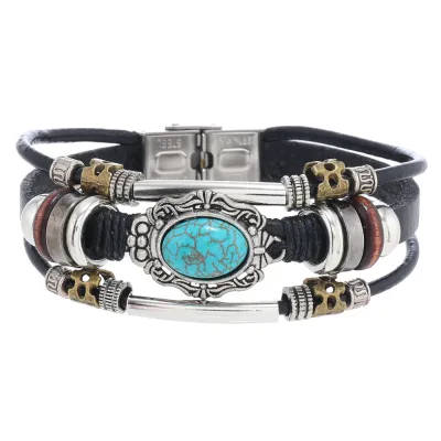 Bohemian Men Retro Turquoise Leather Bracelet