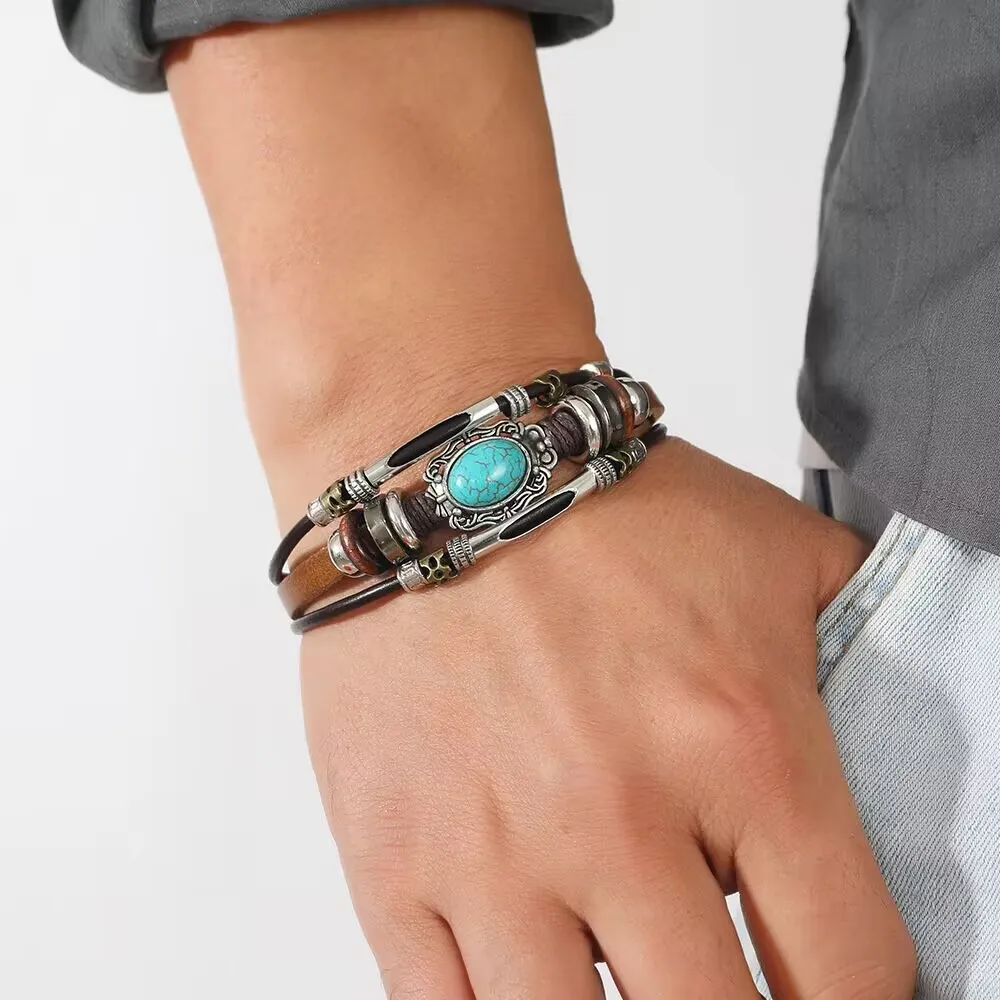 Bohemian Men Retro Turquoise Leather Bracelet