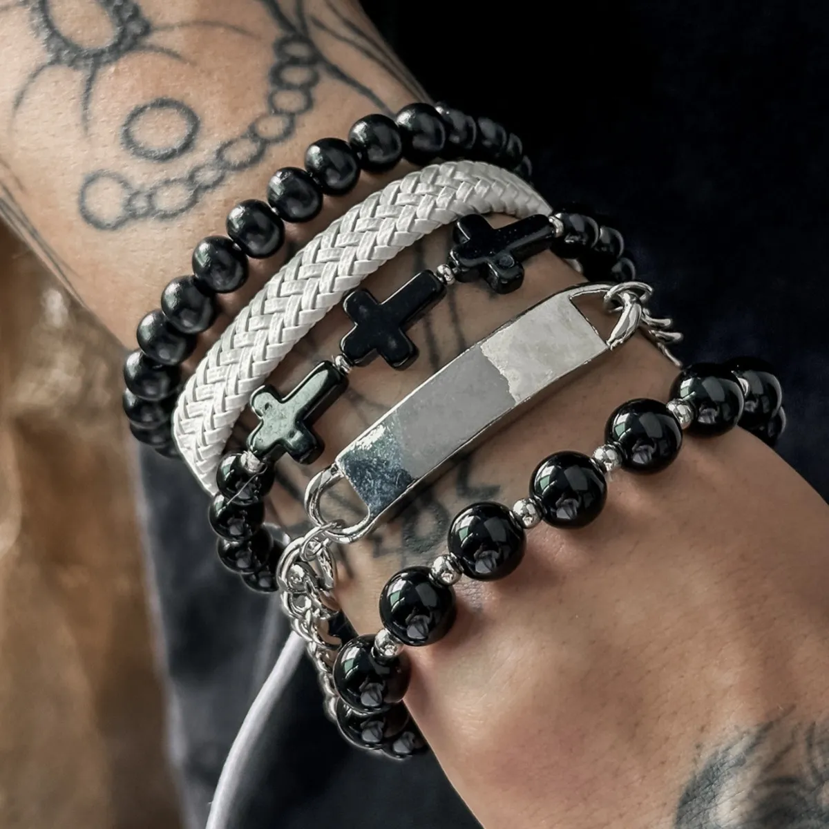 Men Vintage Design Beaded Cross Bracelet