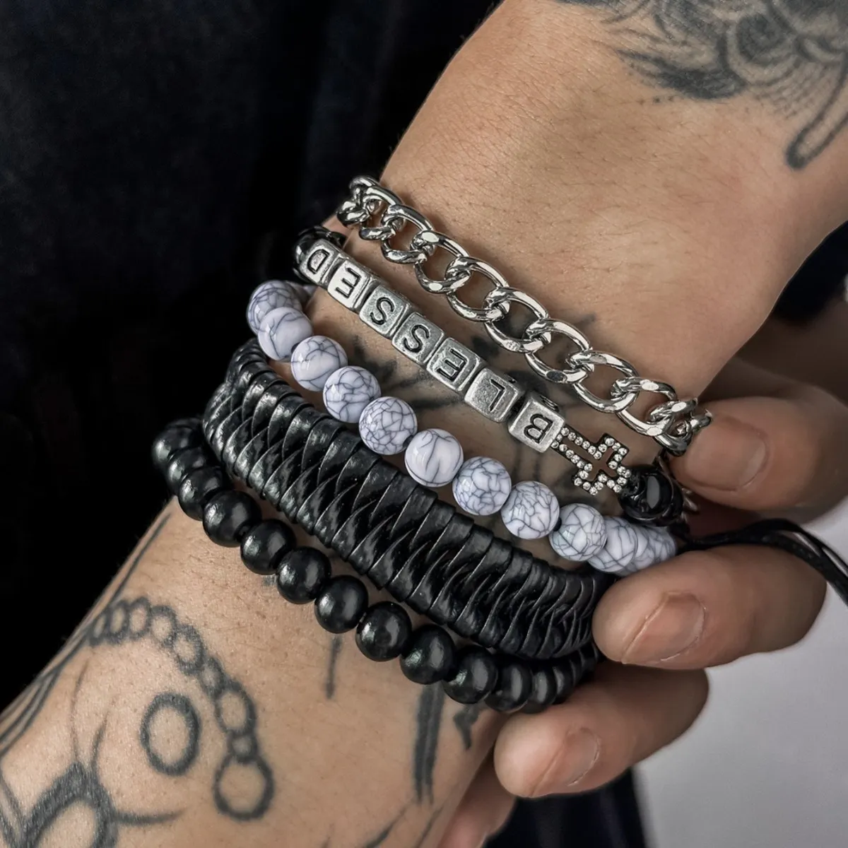Men's Vintage Retro PU Cross Beaded Bracelet Set