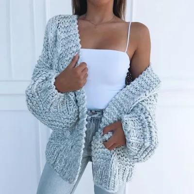 Autumn Winter Women Fashion Loose Long Sleeve Knitted Sweater Coat