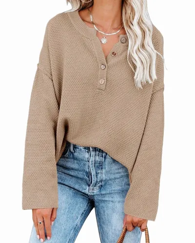Autumn Winter Women Fashion V-Neck Button Long Sleeve Knitted Sweater