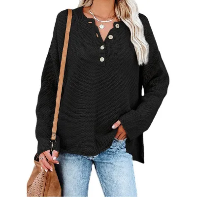 Autumn Winter Women Fashion V-Neck Button Long Sleeve Knitted Sweater