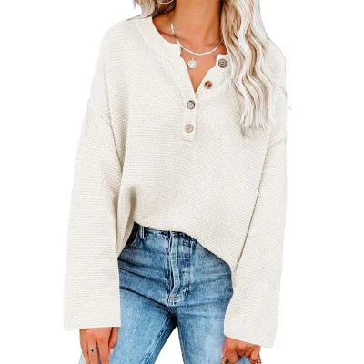 Autumn Winter Women Fashion V-Neck Button Long Sleeve Knitted Sweater