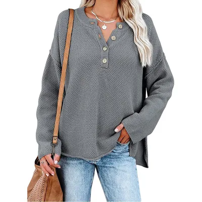 Autumn Winter Women Fashion V-Neck Button Long Sleeve Knitted Sweater