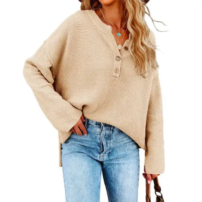 Autumn Winter Women Fashion V-Neck Button Long Sleeve Knitted Sweater